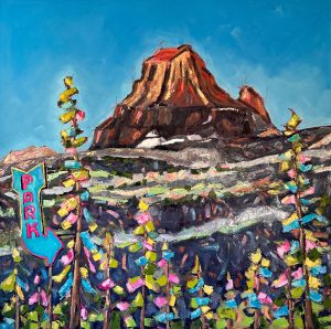 Park It, landscape parking sign of Going to the Sun road in Glacier National Park by Tara Higgins, Fernie artist