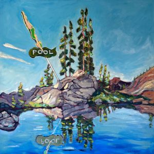 Taking the Plunge, original oil landscape painting with vintage pool sign by Tara Higgins, Fernie artist and solo exhibition