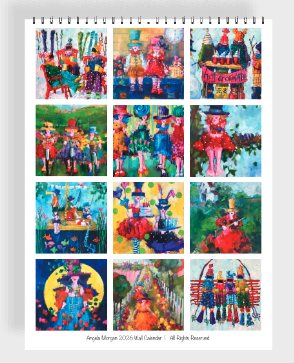 12 month Calendar of Angela Morgan's fun and whimsical paintings from winter skiing to summer vibes