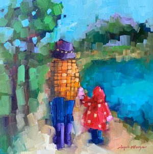 Angela Morgan walk around the lake hand in hand 'one more loop' painting at h squared gallery in Fernie BC