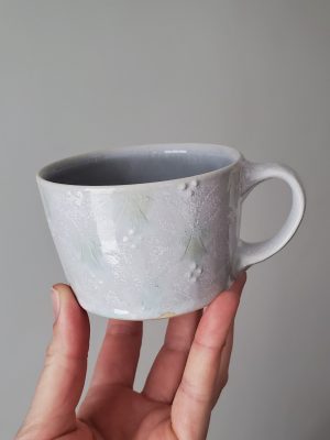 white pattern mug by Canadian potter Katy Drijber at Fernie's best art gallery h squared, downtown Fernie, BC