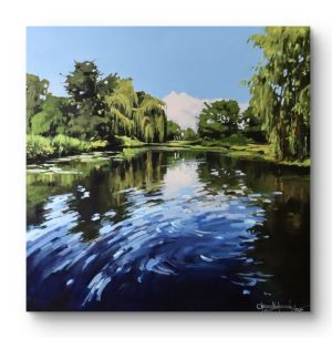 Oksana Alekseeva's 'By The Lake' lake water and lush tree landscape painting original art at h squared gallery