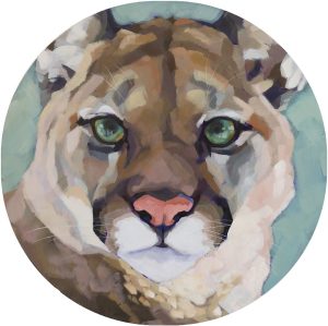 Wildlife painter Leslie Starr round cougar portrait 'Ina' at Fernie's best Canadian art gallery, h squared gallery