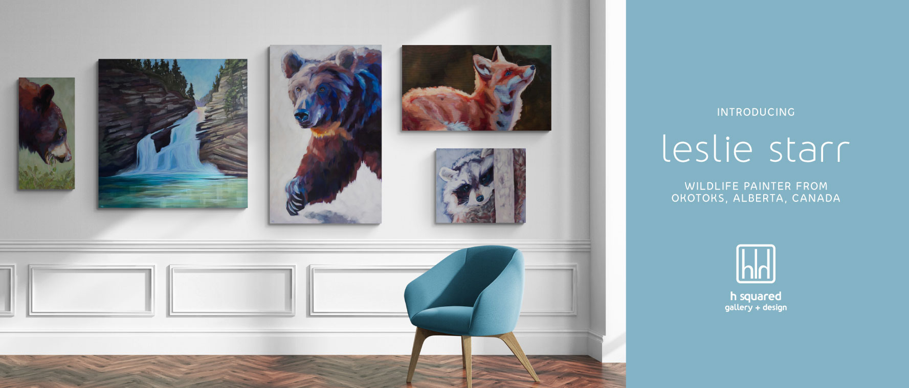 new gallery artist at h squared gallery, Leslie Starr, with collection of original wildlife animal artwork