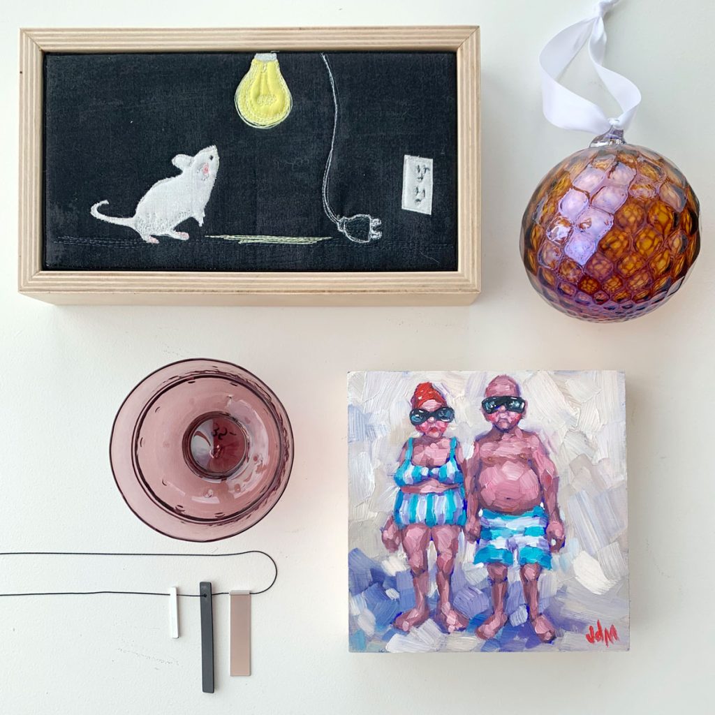 Types of Art a flatlay of different types of art from fabric art, to glassblowing, jewellery and paintings