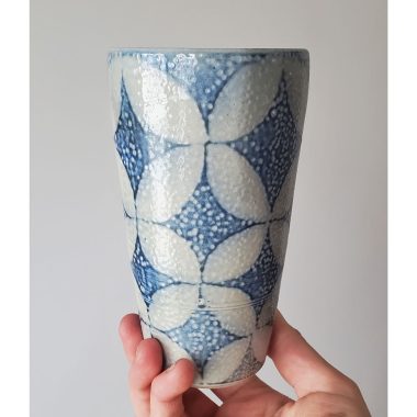Katy Drijber's pattern tall cup at h squared gallery, downtown Fernie pottery and artwork from across Canada