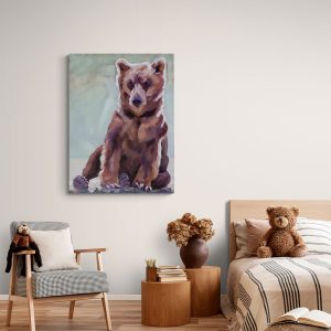 Original wildlife artwork by Canadian artist Leslie Starr with sitting bear painting with a mint background