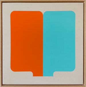 Geometrical Painting in orange and turquoise depicting a duplex from an arial view