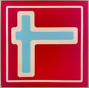 A geometrical painting of a runway from an arial perspective