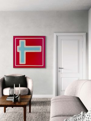 Minimalist Painting predominatley red in a living room