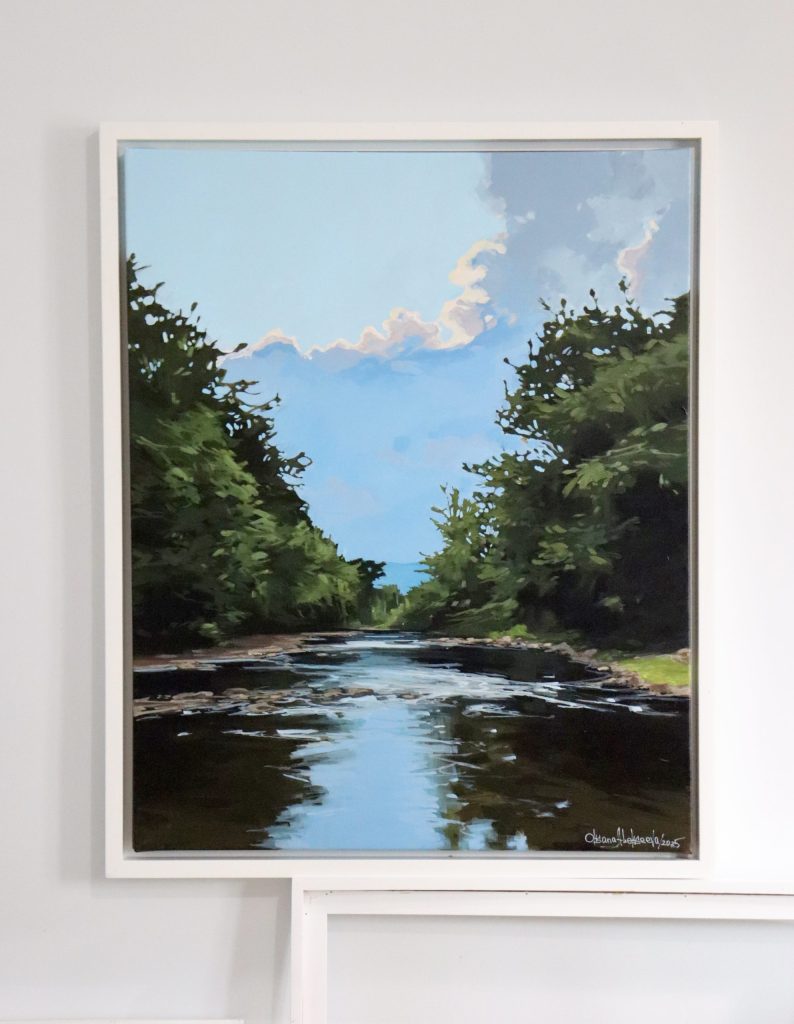 New work by Oksana Alekseeva at h squared gallery of river flowing through a lush green forest in acrylics on canvas