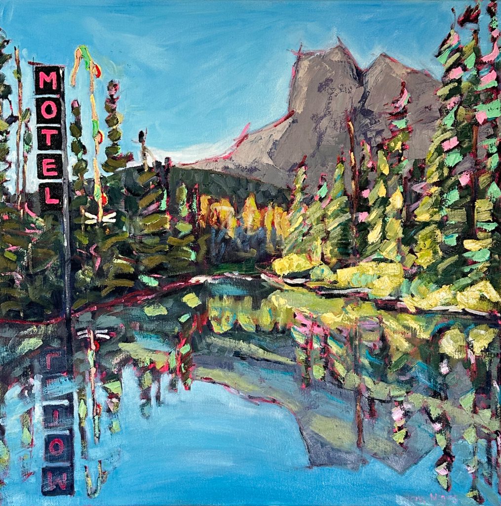 Dive Right In, landscape and hotel sign artwork by Tara Higgins, oil painter for solo show Sign of the Times