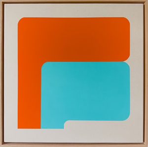 Minimalist painting depicting a laneway house from an arial view