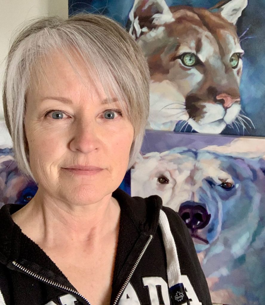 Leslie Starr, wildlife painter with original artwork at Fernie's art gallery h squared gallery downtown Fernie