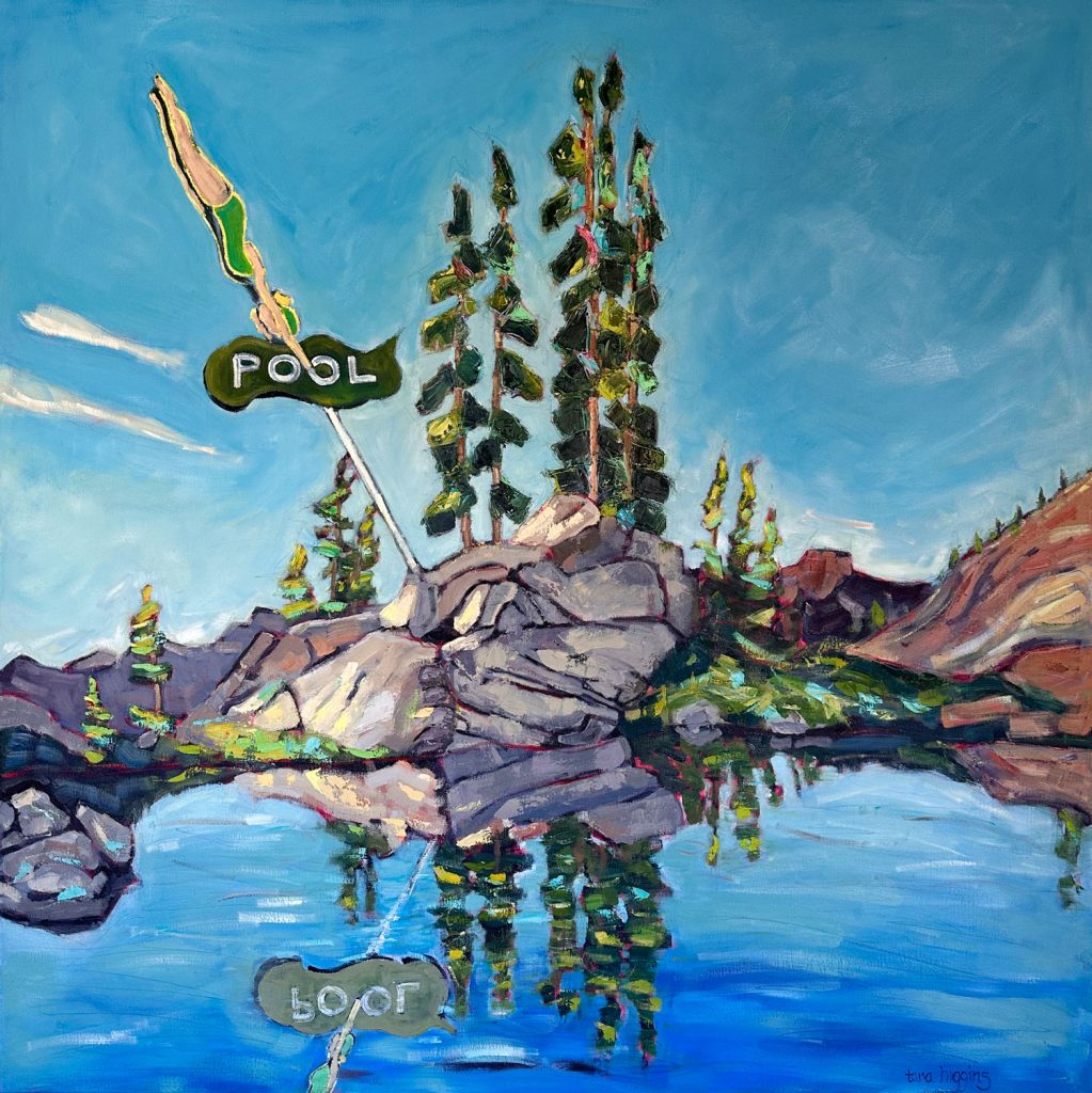 taking-the-plunge-sqr Taking the Plunge, original oil landscape painting with vintage pool sign by Tara Higgins, Fernie artist and solo exhibition